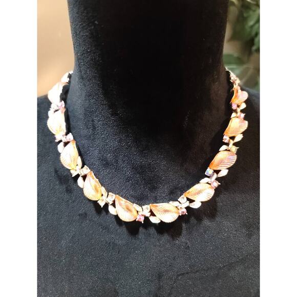 Women's Leaf Necklace Pink Enamel Floral Rhinestone Choker Hook Clasp Jewelry - Picture 2 of 6